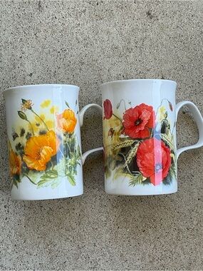 TWO Roy Kirkham fine bone china vintage floral mugs